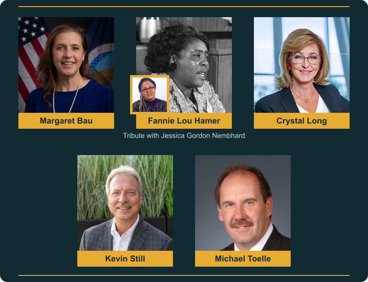 2026 Cooperative Hall of Fame honorees Margaret Bau, Fannie Lou Hamer, Crystal Long, Kevin Still and Michael Toelle, with tribute guest Jessica Gordon Nembhard.